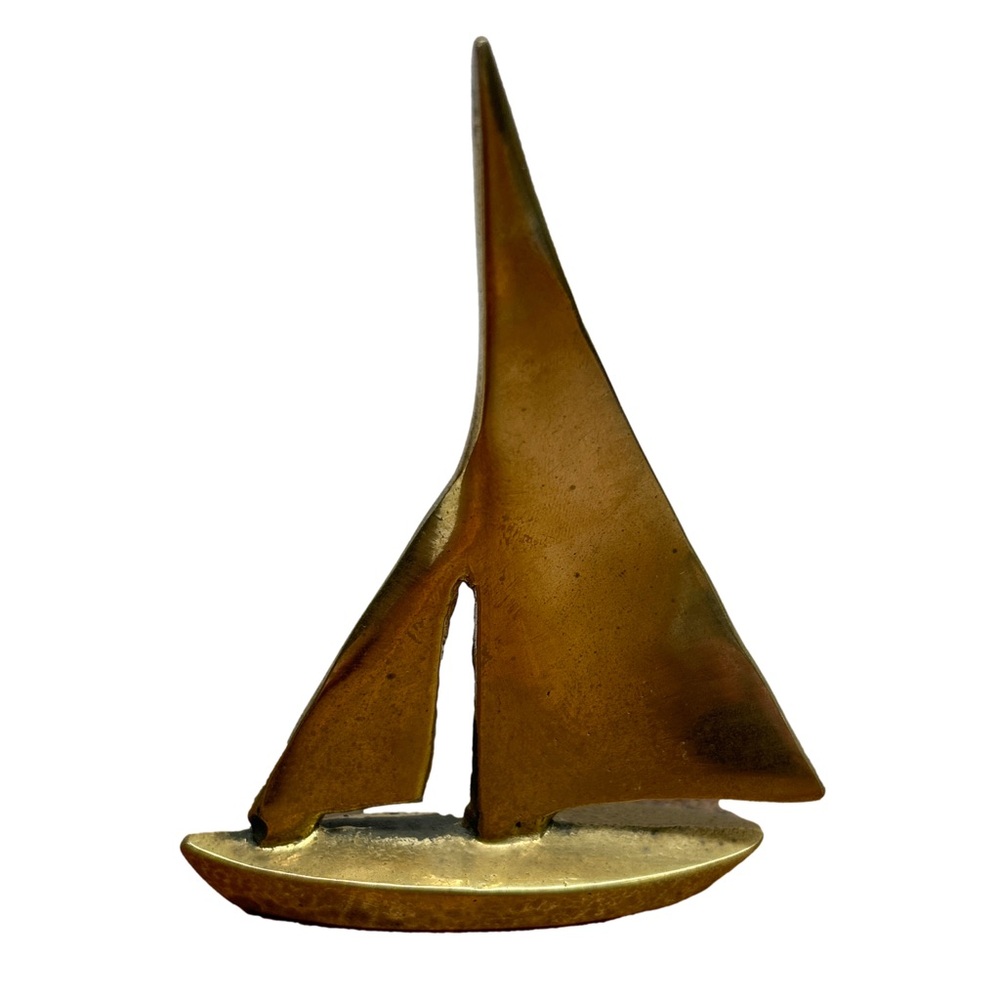 Vintage MCM Small Solid Brass Sail Boat Collectible Statue